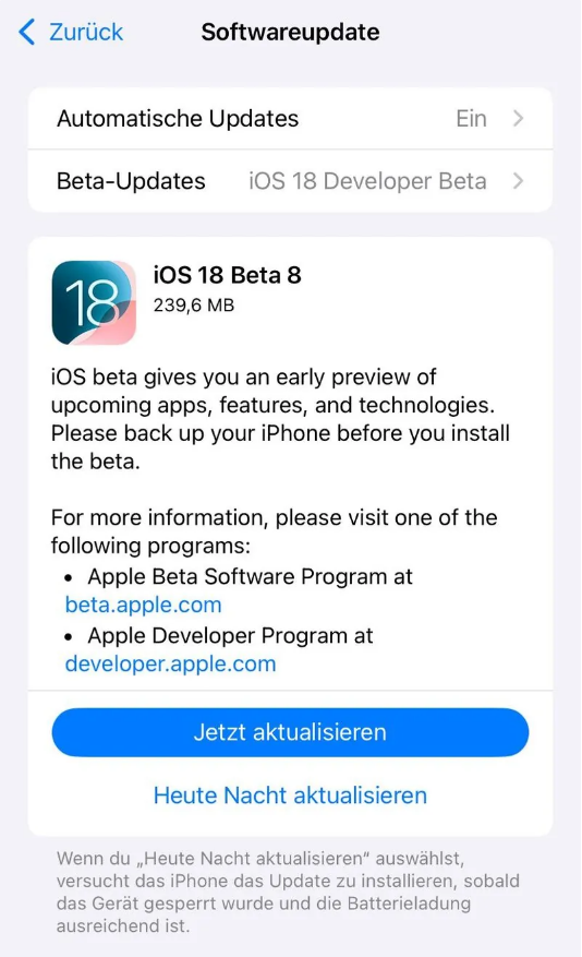 盐都苹果手机维修分享苹果 iOS / iPadOS 18 开发者预览版 Beta 8 发布 